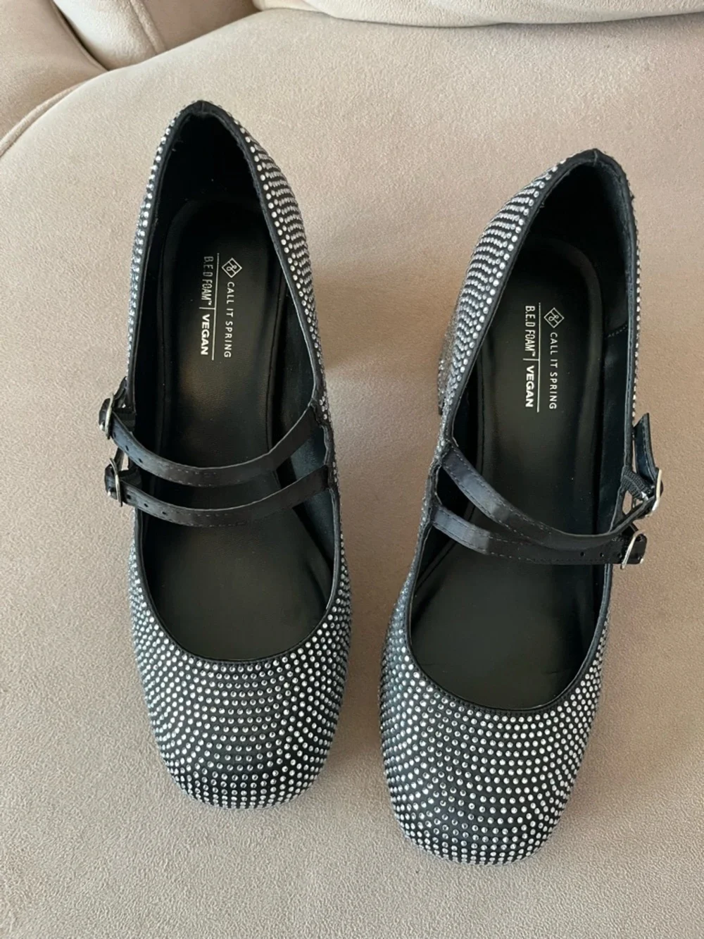 Call It Spring Black Rhinestone Double-Strap Block Heels - Picture 2 of 6